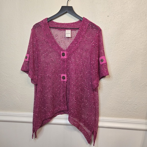 Blair Tops - Blair Mesh Cover Up Cardigan Top Asymmetrical Hot Pink Magenta Large